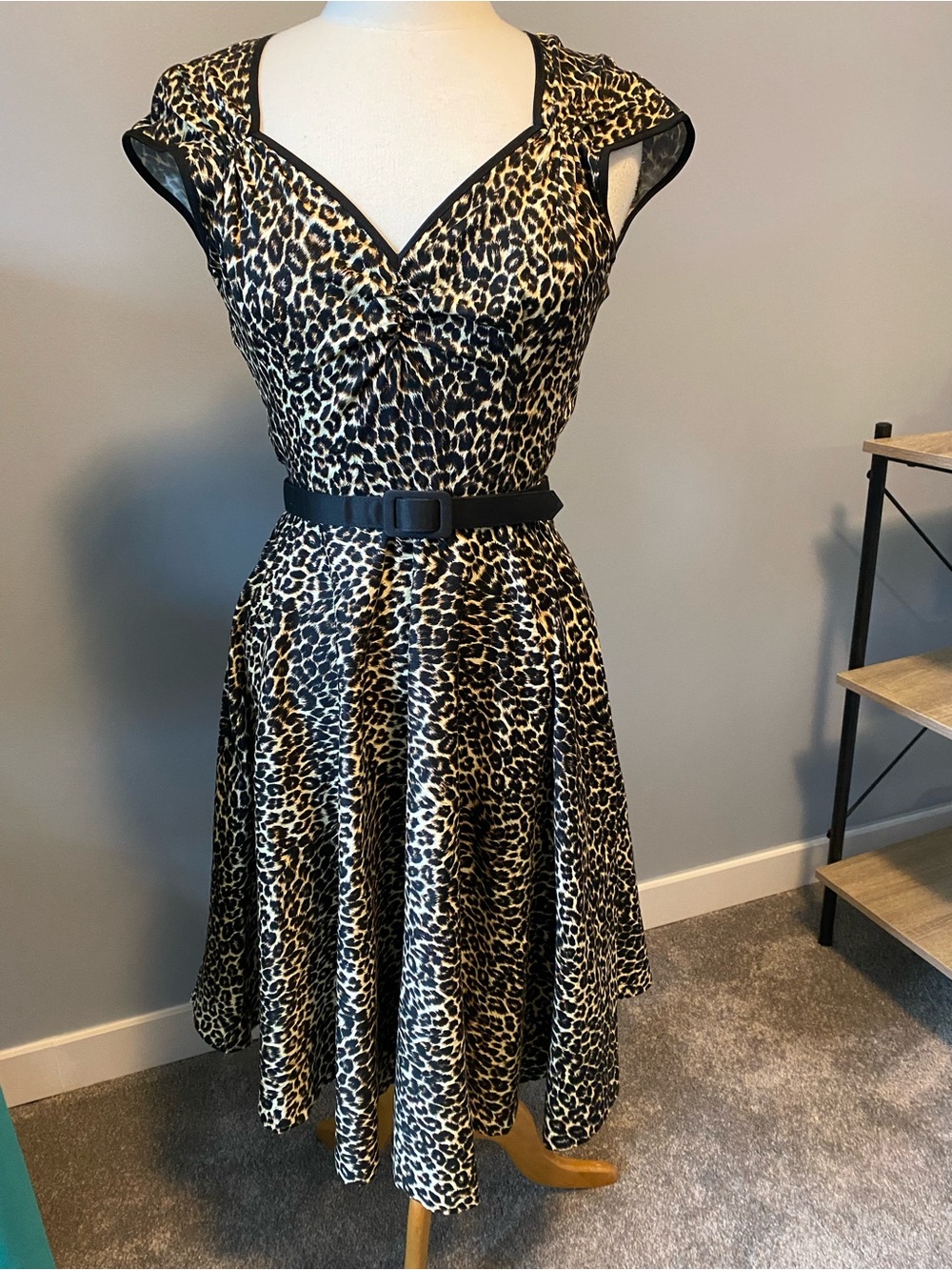 Leopard Print Fit-and-Flare Dress with Belt - Black & Tan